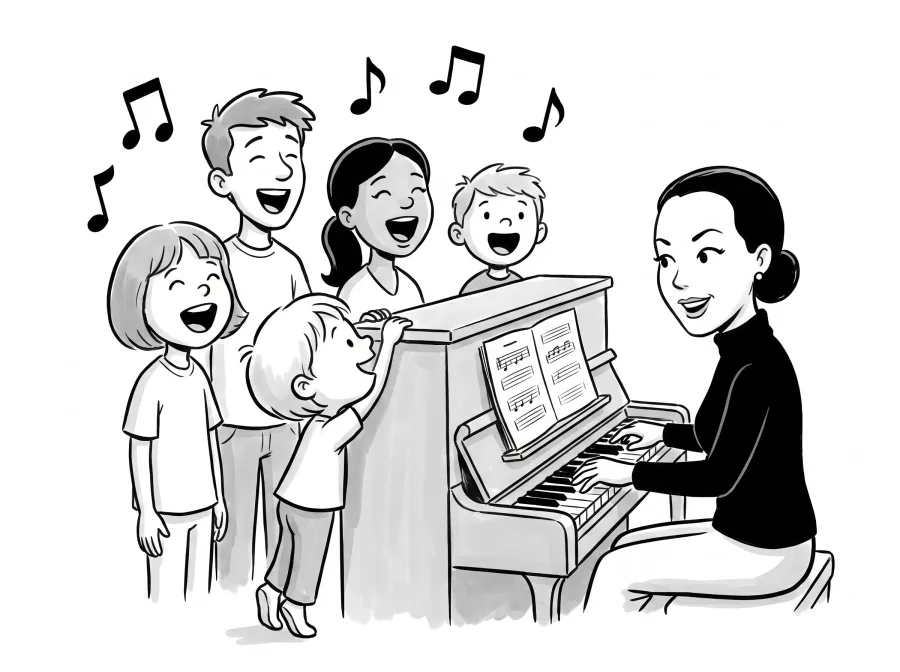 Barbara am Klavier, Kinder und Jugendliche singen daneben