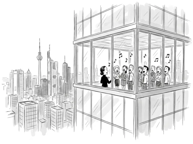 Team singt im Eckbüro hoch über der Stadt