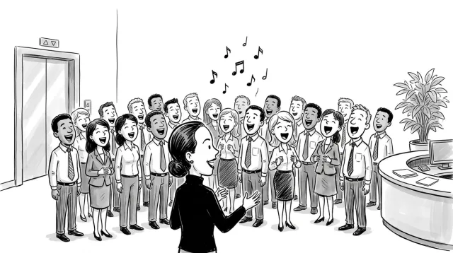 Mittagspausen-Singen mit großer Gruppe in der Bürolobby