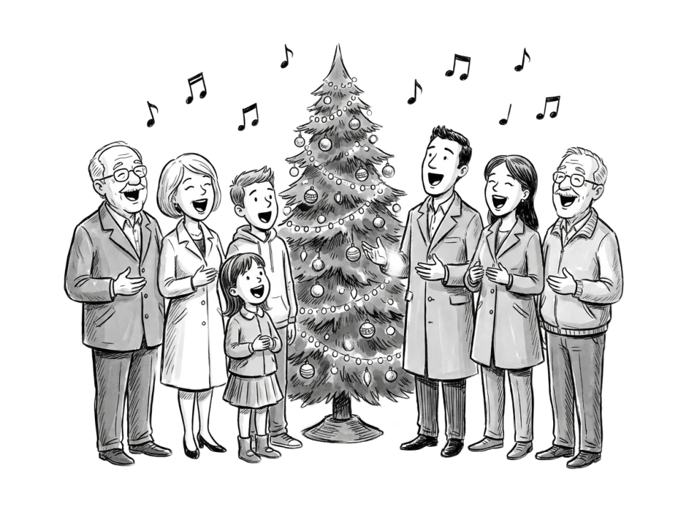 Große Familienrunde singt gemeinsam am Weihnachtsbaum