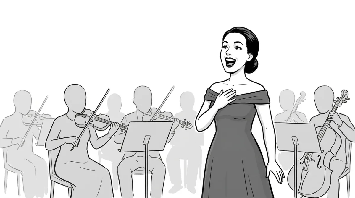 Barbara singt als Solistin vor einem angedeuteten Orchester